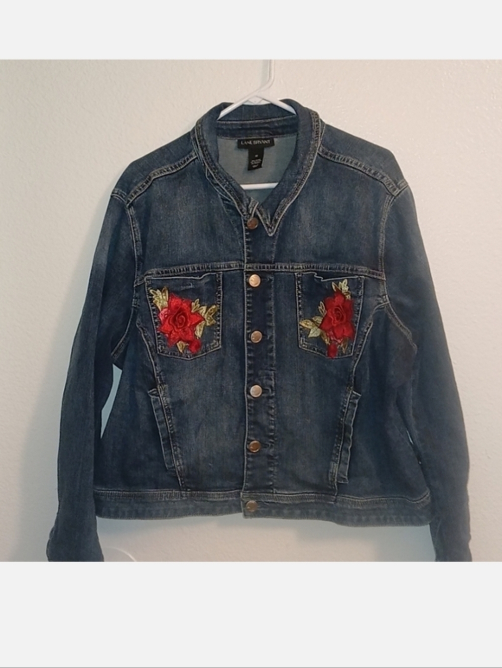 Lane Bryant Dark Blue Denim Jacket with Red Flowers